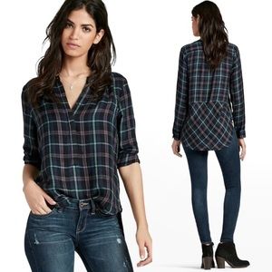 Lucky Brand Girlfriend Plaid Shirt with Peplum Back Navy Blue